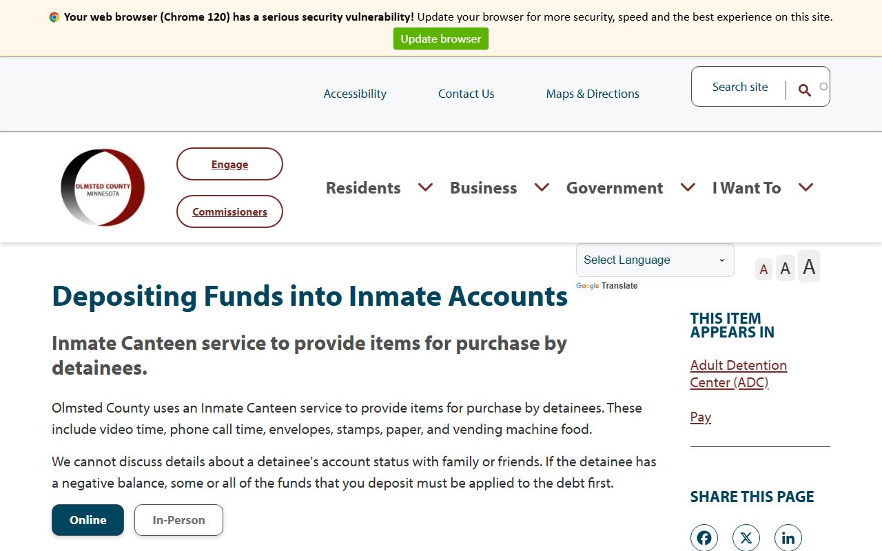 Olmsted County Court Administration inmate account deposits distinction