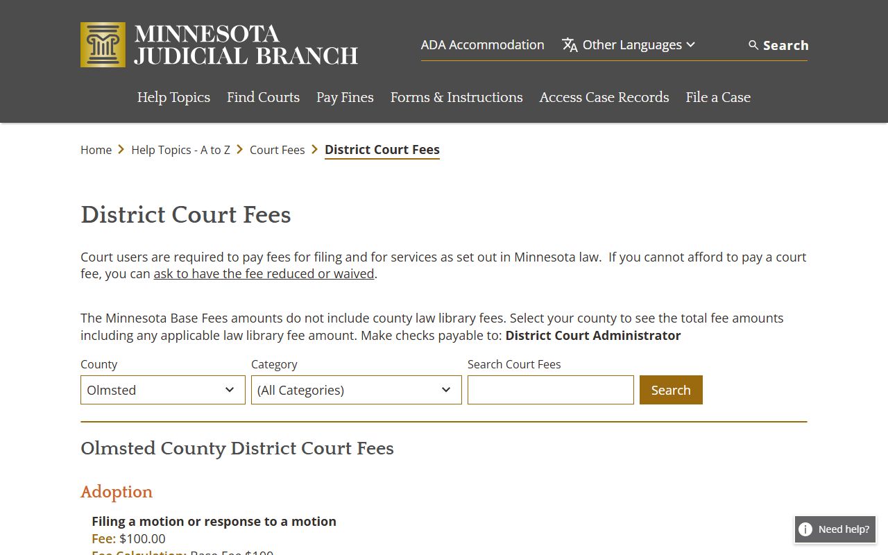 Olmsted County Court Administration District Court fees