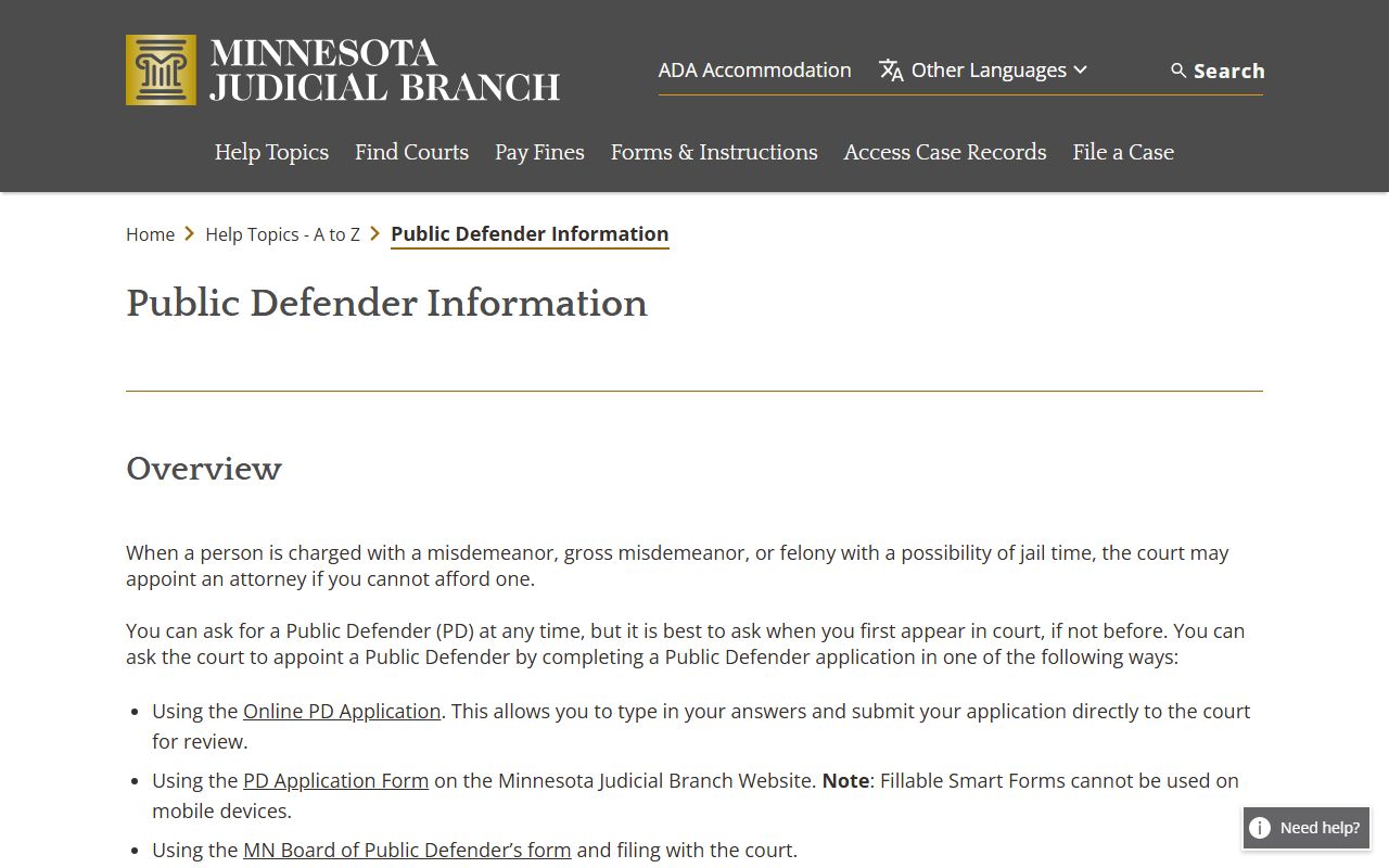 Olmsted County court charges public defender appointment information