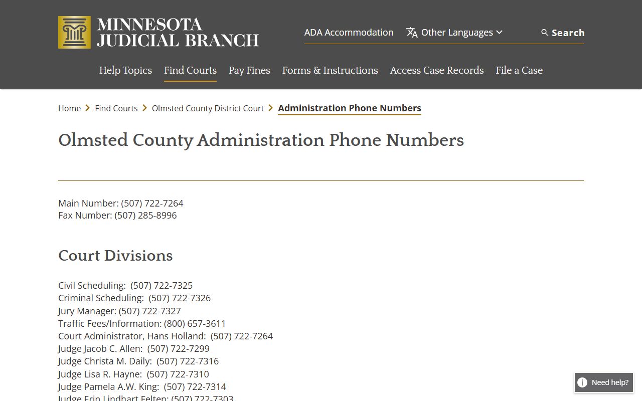 Olmsted County court records administration contacts