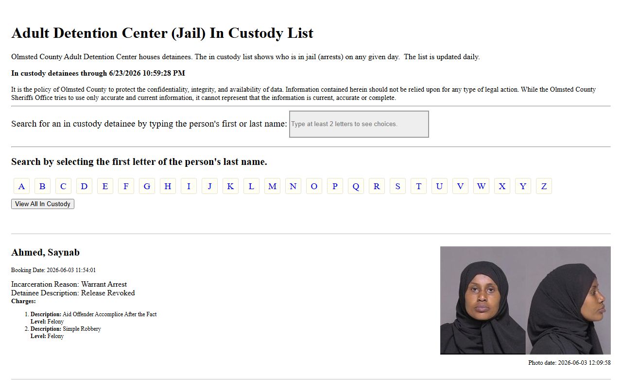 Olmsted County inmate records ADC in-custody list