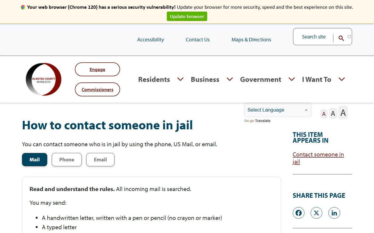 Olmsted County inmate records jail contact mail phone email rules
