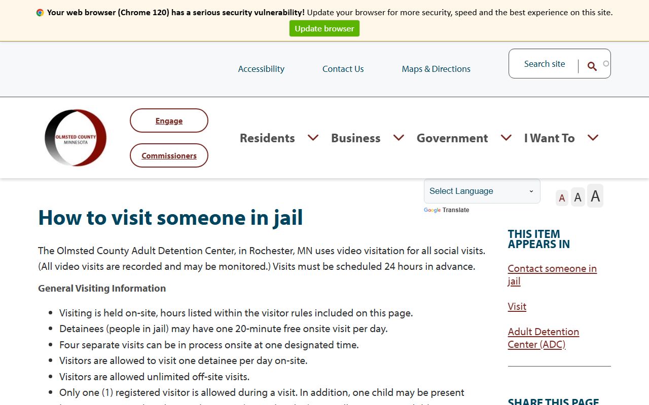 Olmsted County inmate records jail visitation rules