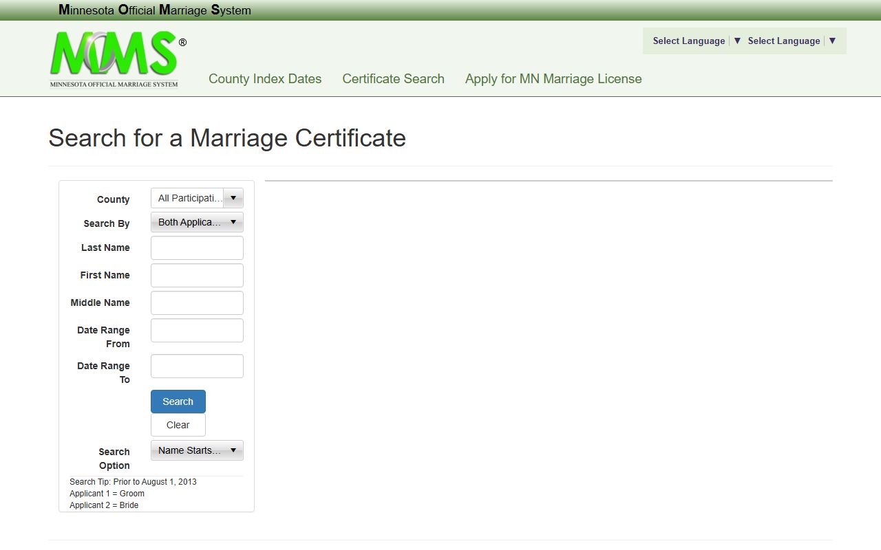 Olmsted County marriage records MOMS search