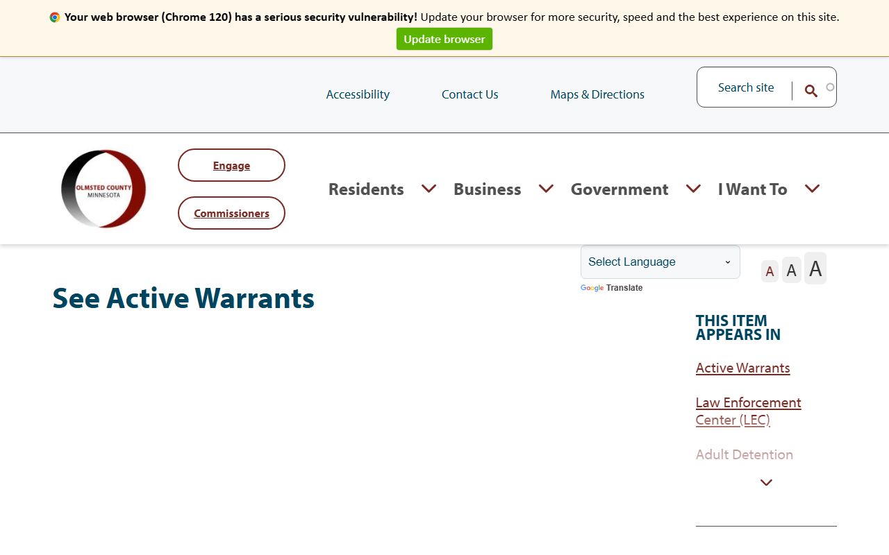 Olmsted County warrant records active warrant search page
